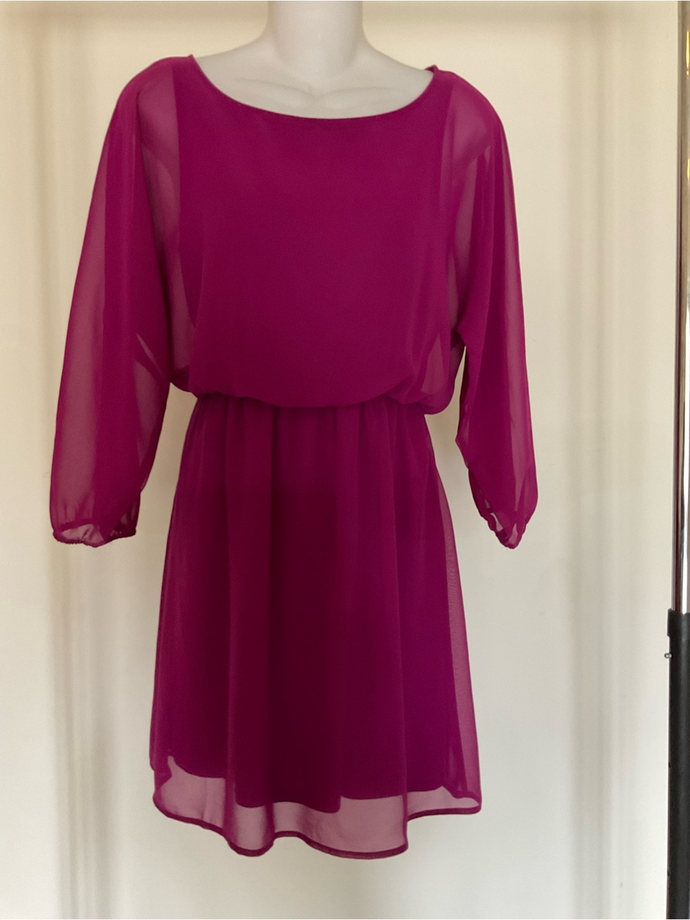 Express Fuchsia Sheer Long-Sleeve Blouson Dress